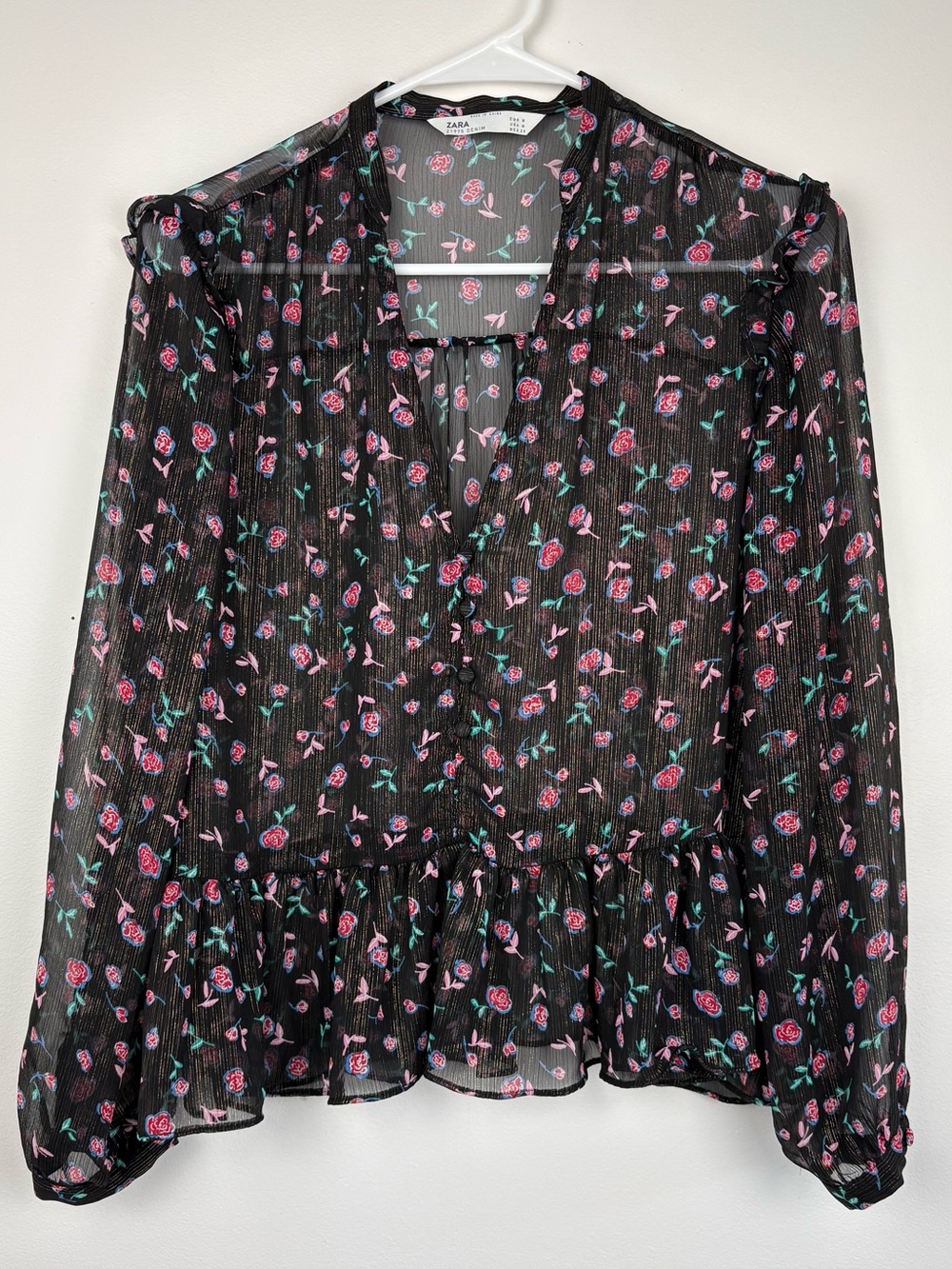 Zara Black Sheer Floral Peplum Blouse Metallic Accents Medium EUC Cottagecore - Picture 2 of 9